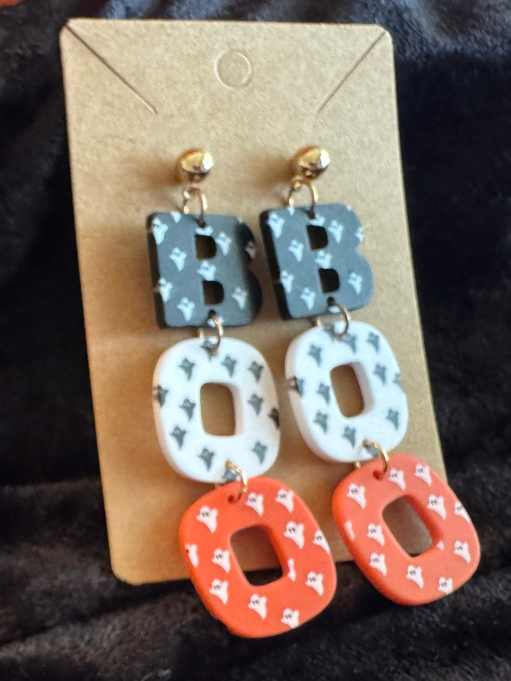 Triple Drop Letter Earrings - Black, White, Orange ;BOO - Halloween earrings